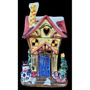 Whimsical Christmas Village House Candleholder Battery Powered Lights Folk Art